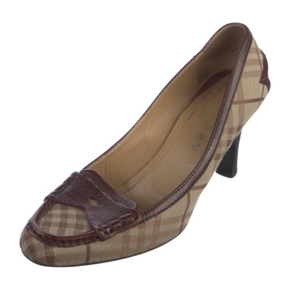 BURBERRY LONDON Heymarket Canvas Brown Leather Pumps Women US Size: 7.5 IT 37.5
